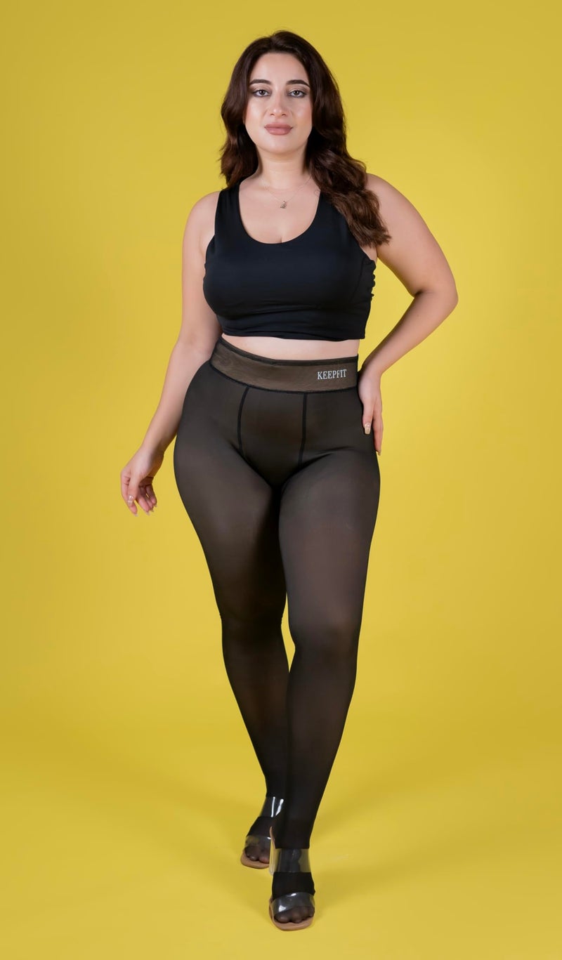 Keepfit Plus Size with inner pocket nude look with dual tone sheer appearance fur warm stocking for women - Image 2
