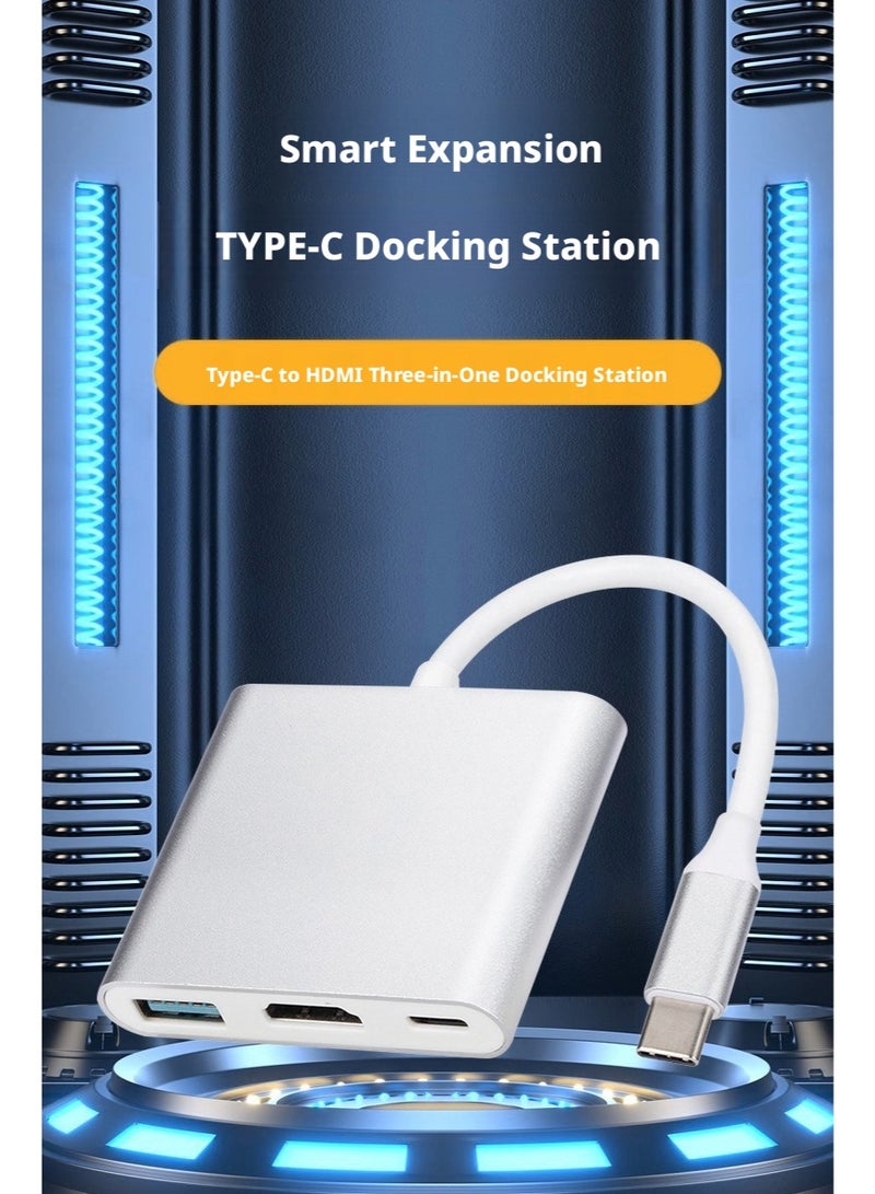 محول من النوع C إلى HDMI، موزع USB 3.0 ثلاثي الوظائف مع شحن PD، محول فيديو بدقة 4K لأجهزة الكمبيوتر المحمولة والهواتف - التوصيل والتشغيل - Image 2