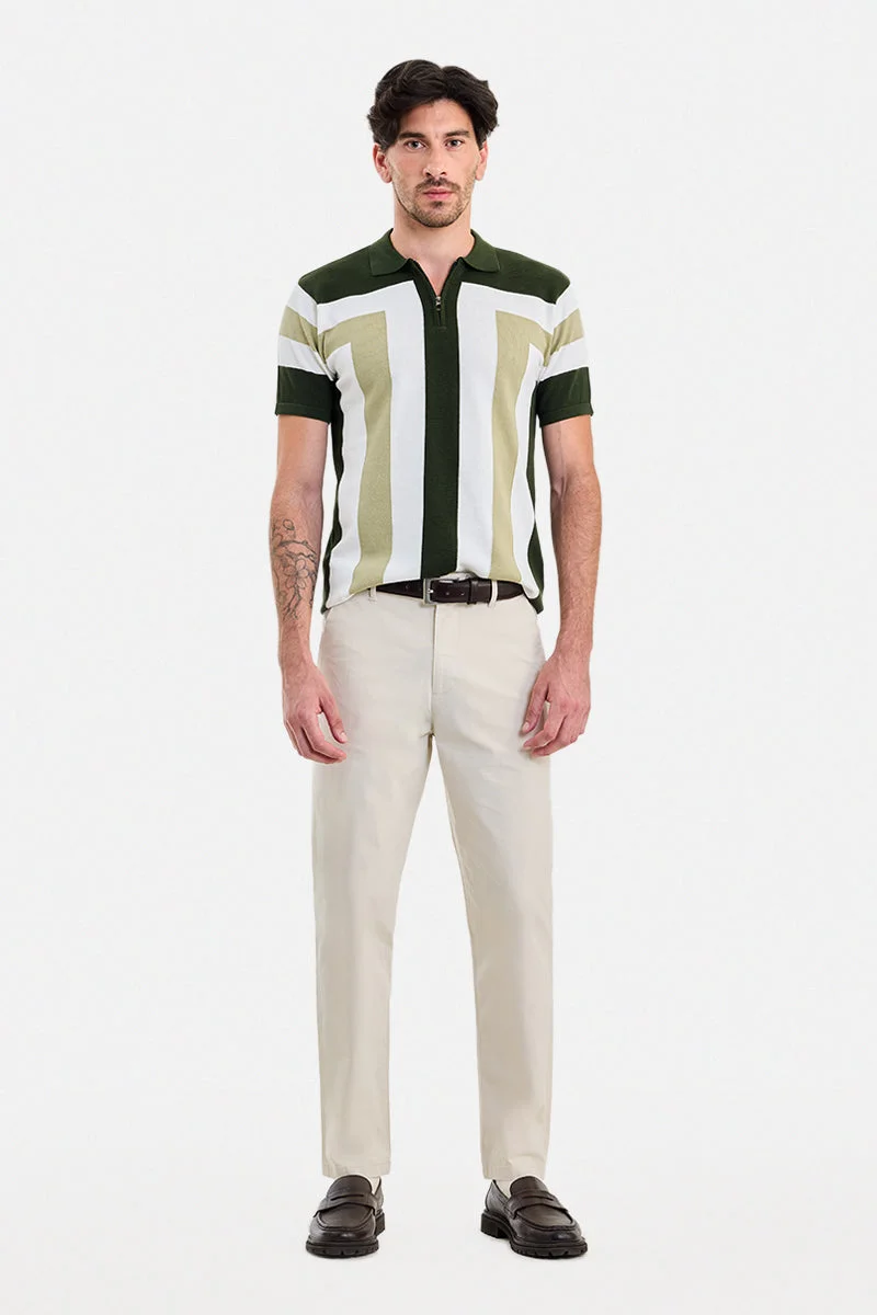 SNITCH Olive Striped Half Sleeve Regular Fit T-Shirt