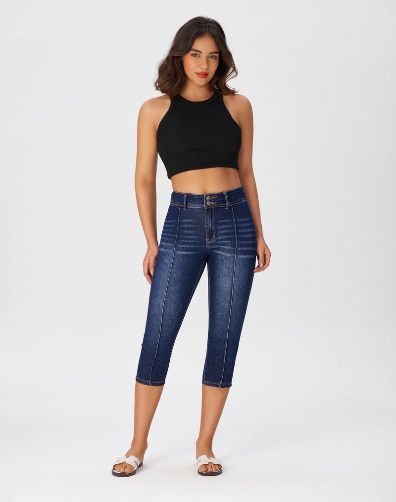 roswear Womenâ€™s Capri Pants Trendy Mid Rise Skinny Stretchy Front Seam Denim Jeans Dark Blue Medium - Image 2