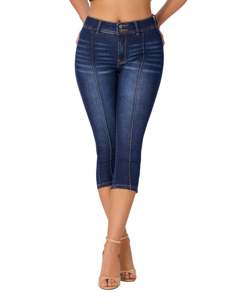 roswear Womenâ€™s Capri Pants Trendy Mid Rise Skinny Stretchy Front Seam Denim Jeans Dark Blue Medium - Image 1