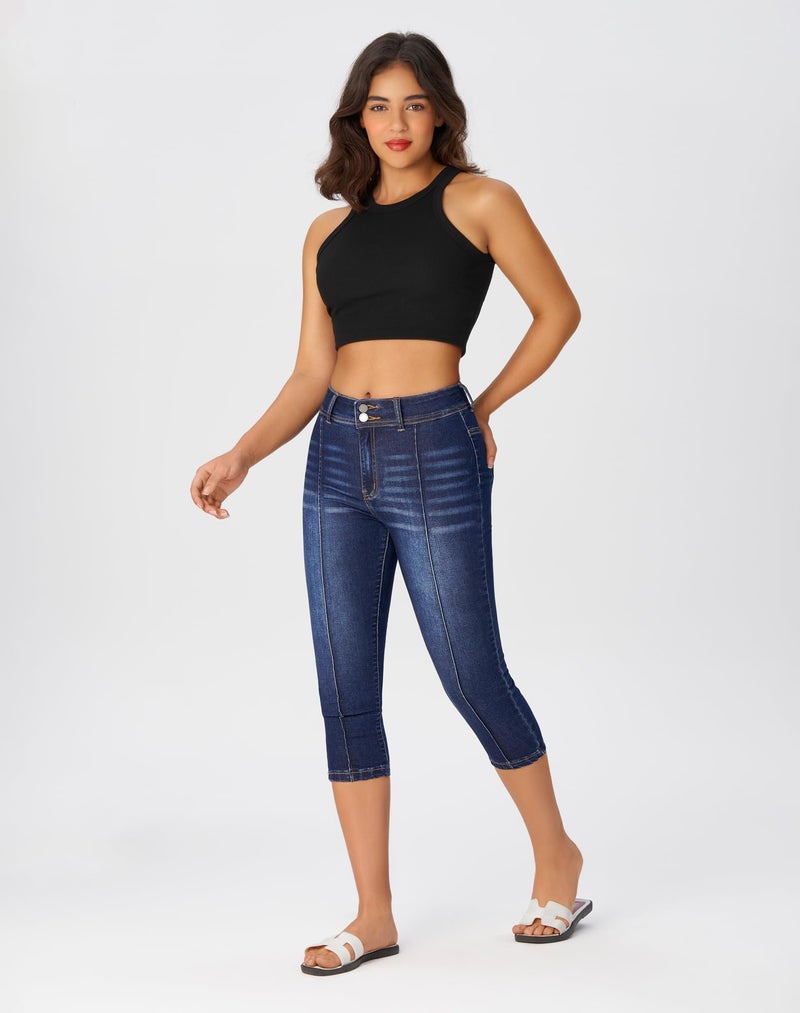 roswear Womenâ€™s Capri Pants Trendy Mid Rise Skinny Stretchy Front Seam Denim Jeans Dark Blue Medium - Image 3