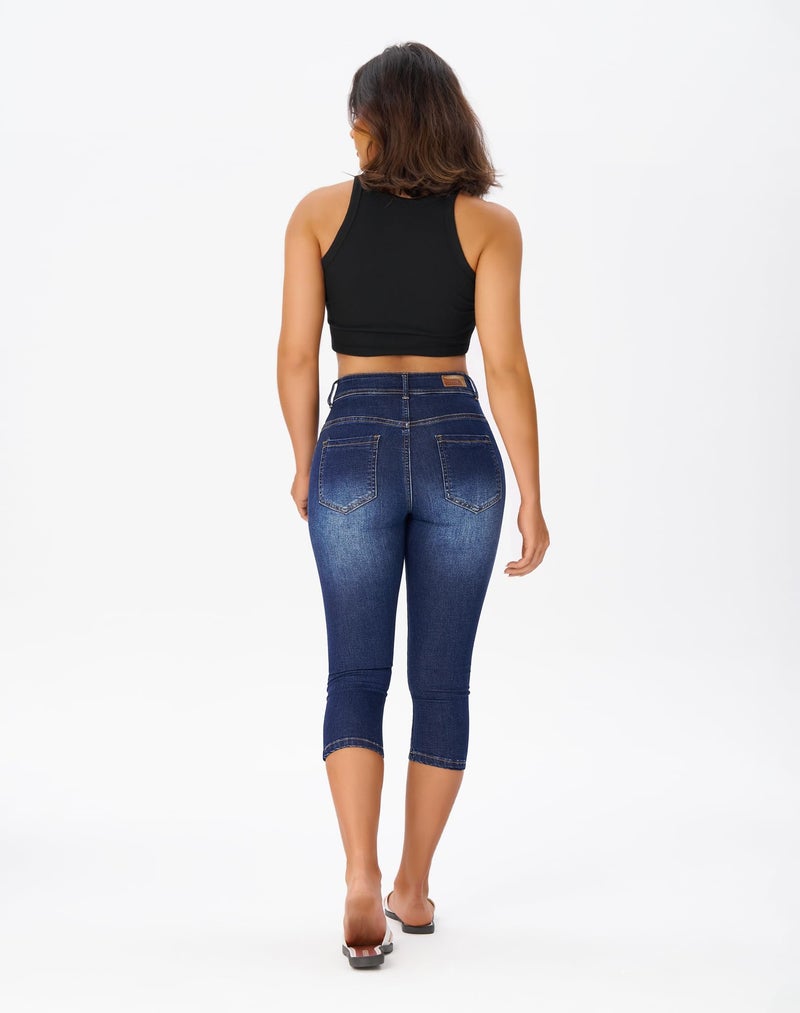roswear Womenâ€™s Capri Pants Trendy Mid Rise Skinny Stretchy Front Seam Denim Jeans Dark Blue Medium - Image 4