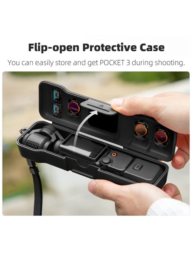 متوافق مع DJI Osmo Pocket 3، غطاء حماية أسود، حزام معصم، 3 مرشحات CPL و ND، فتحتان لتخزين بطاقة الذاكرة، تصميم مضغوط سريع الفتح، صندوق تخزين محمول لحامل العدسة والشاشة وغطاء الكاميرا. - Image 5
