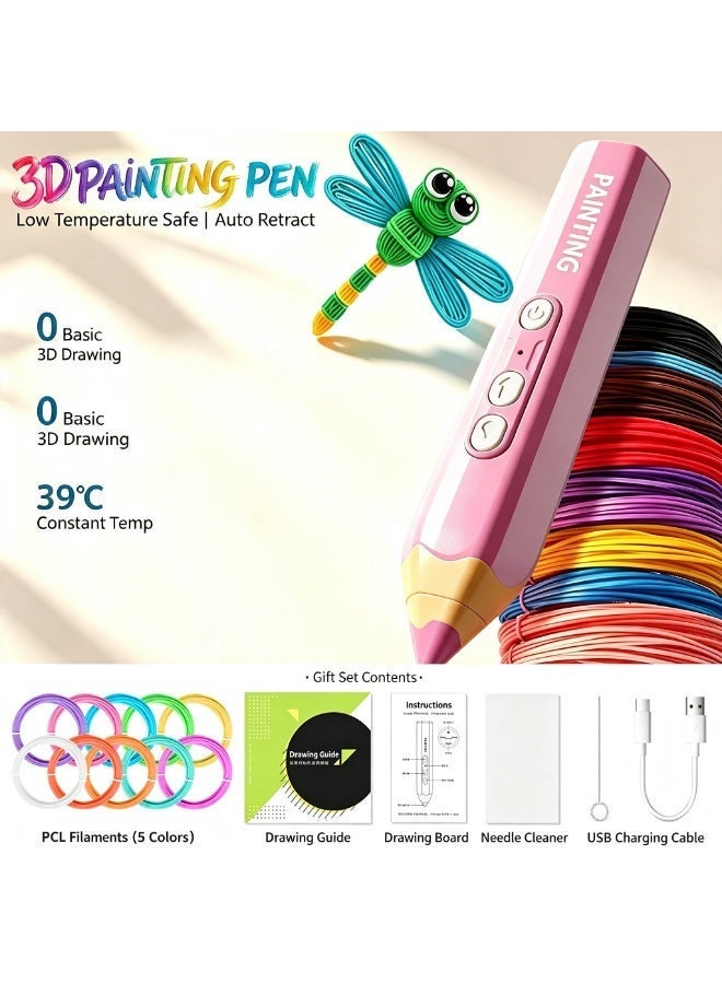 3D Printing Pen for Kids, Low Temperature Anti-Scald 3D Drawing Pen with 5 Colors PCL Filament, Auto Feeding & Back Feeding, USB Charging, DIY Creative Educational Toy for Children - Image 1