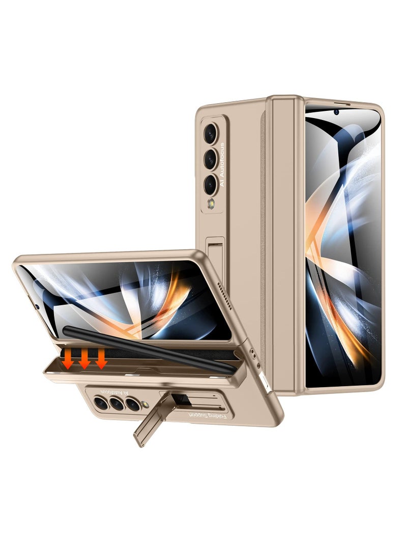 Excefore Case Compatible with Samsung Galaxy Z Fold 4, Magnetic Thin Body Metal Frame with Hidden S Pen Holder, Hinge Screen Protector Magnetic Kickstand with Lens Camera Protector Cover (Gold) - Image 1