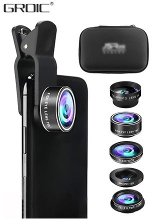 Phone Lens Kit 5 In 1 Phone Camera Lens, Universal Zoom 2X Telephoto Lens + 198° Fisheye Lens + 0.63X Wide Angle Lens + 15X Macro Lens with Zipper Bag for iPhone Samsung Android - pzsku/Z61938E079FF417BE4A03Z/45/_/1694158419/b001cf61-2884-4a2b-8dd5-3fdca889174b