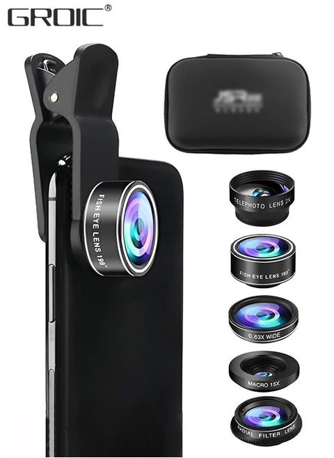 Phone Lens Kit 5 In 1 Phone Camera Lens, Universal Zoom 2X Telephoto Lens + 198° Fisheye Lens + 0.63X Wide Angle Lens + 15X Macro Lens with Zipper Bag for iPhone Samsung Android