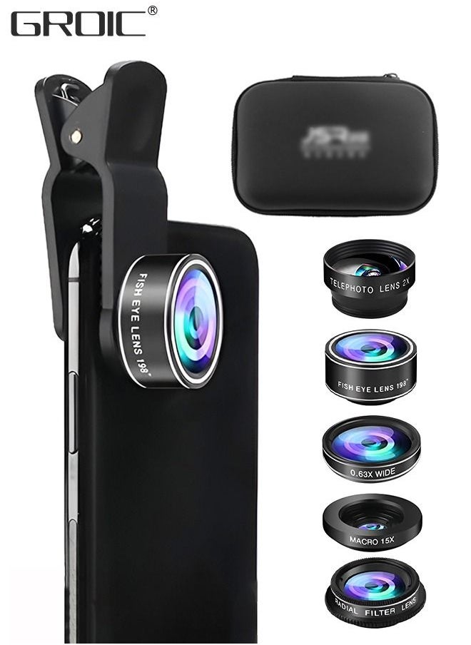 GROIC Phone Lens Kit 5 In 1 Phone Camera Lens, Universal Zoom 2X Telephoto Lens + 198° Fisheye Lens + 0.63X Wide Angle Lens + 15X Macro Lens with Zipper Bag for iPhone Samsung Android  - Image 1