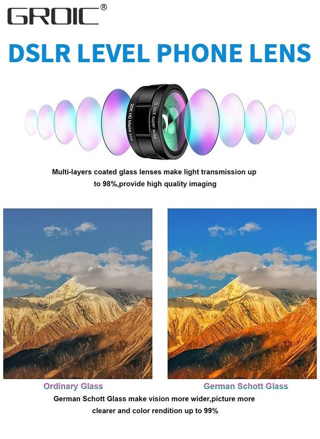 GROIC - Phone Lens Kit 5 In 1 Phone Camera Lens, Universal Zoom 2X Telephoto Lens + 198° Fisheye Lens + 0.63X Wide Angle Lens + 15X Macro Lens with Zipper Bag for iPhone Samsung Android - Image 1
