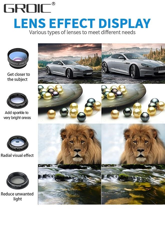GROIC Phone Lens Kit 5 In 1 Phone Camera Lens, Universal Zoom 2X Telephoto Lens + 198° Fisheye Lens + 0.63X Wide Angle Lens + 15X Macro Lens with Zipper Bag for iPhone Samsung Android  - Image 5
