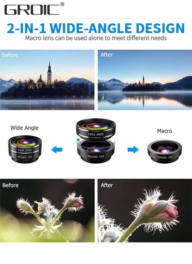 GROIC Phone Lens Kit 5 In 1 Phone Camera Lens, Universal Zoom 2X Telephoto Lens + 198° Fisheye Lens + 0.63X Wide Angle Lens + 15X Macro Lens with Zipper Bag for iPhone Samsung Android  - Image 4