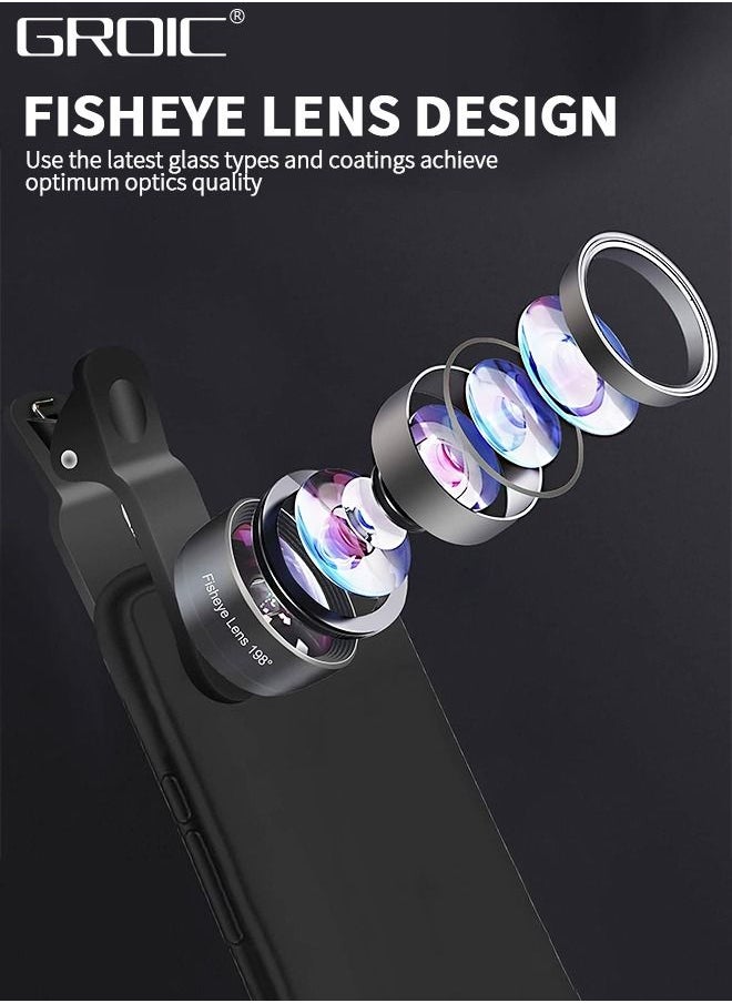 GROIC Phone Lens Kit 5 In 1 Phone Camera Lens, Universal Zoom 2X Telephoto Lens + 198° Fisheye Lens + 0.63X Wide Angle Lens + 15X Macro Lens with Zipper Bag for iPhone Samsung Android  - Image 2