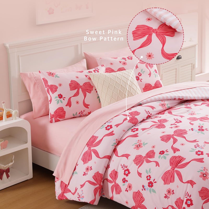 AMBERSPACE Twin XL Comforter Set for Girls, Pink Bow Bedding Set with Cute Floral, All Season Kids Dorm Bed in a Bag 5 Pieces with Sheets, Pillowcase & Sham - Image 4