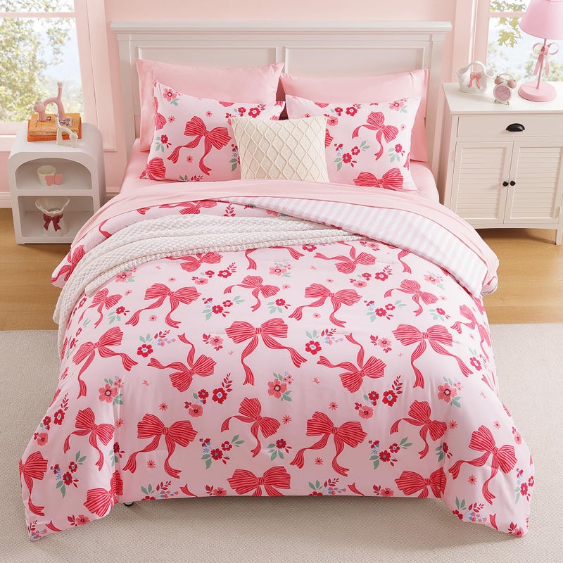 AMBERSPACE Twin XL Comforter Set for Girls, Pink Bow Bedding Set with Cute Floral, All Season Kids Dorm Bed in a Bag 5 Pieces with Sheets, Pillowcase & Sham - Image 1