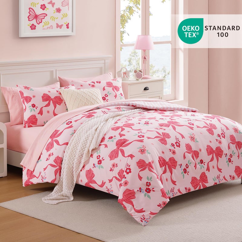 AMBERSPACE Twin XL Comforter Set for Girls, Pink Bow Bedding Set with Cute Floral, All Season Kids Dorm Bed in a Bag 5 Pieces with Sheets, Pillowcase & Sham - Image 2