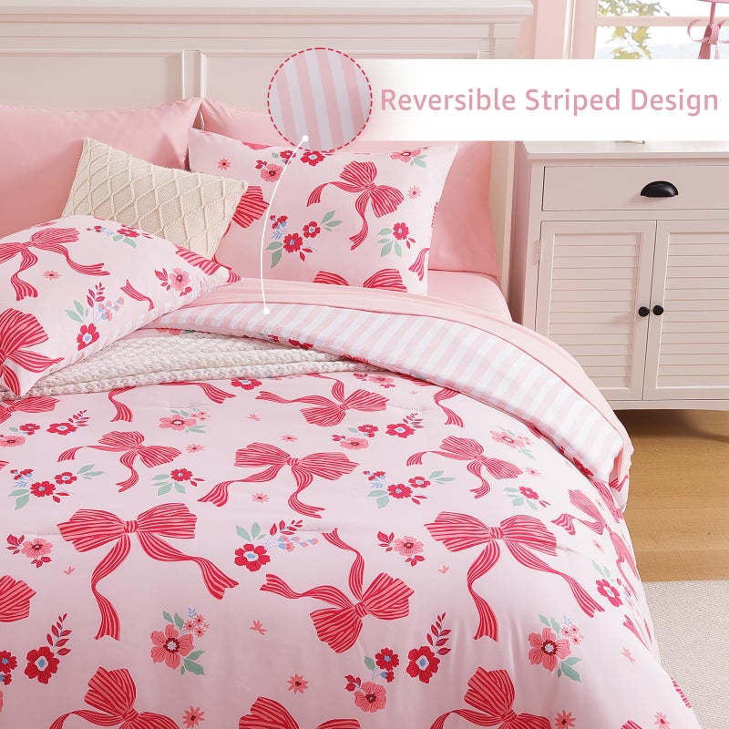 AMBERSPACE Twin XL Comforter Set for Girls, Pink Bow Bedding Set with Cute Floral, All Season Kids Dorm Bed in a Bag 5 Pieces with Sheets, Pillowcase & Sham - Image 3