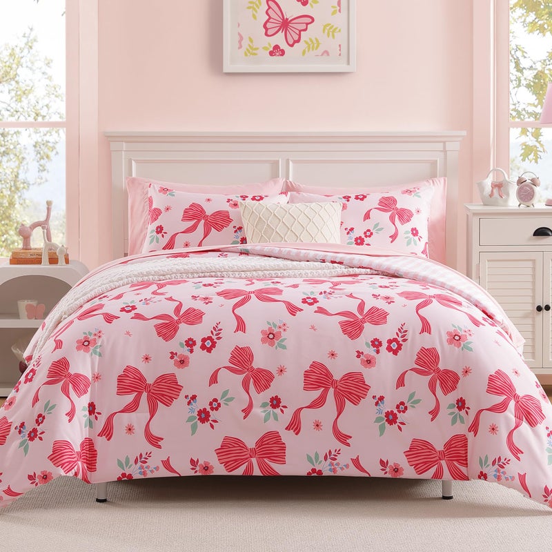 AMBERSPACE Twin XL Comforter Set for Girls, Pink Bow Bedding Set with Cute Floral, All Season Kids Dorm Bed in a Bag 5 Pieces with Sheets, Pillowcase & Sham - Image 5