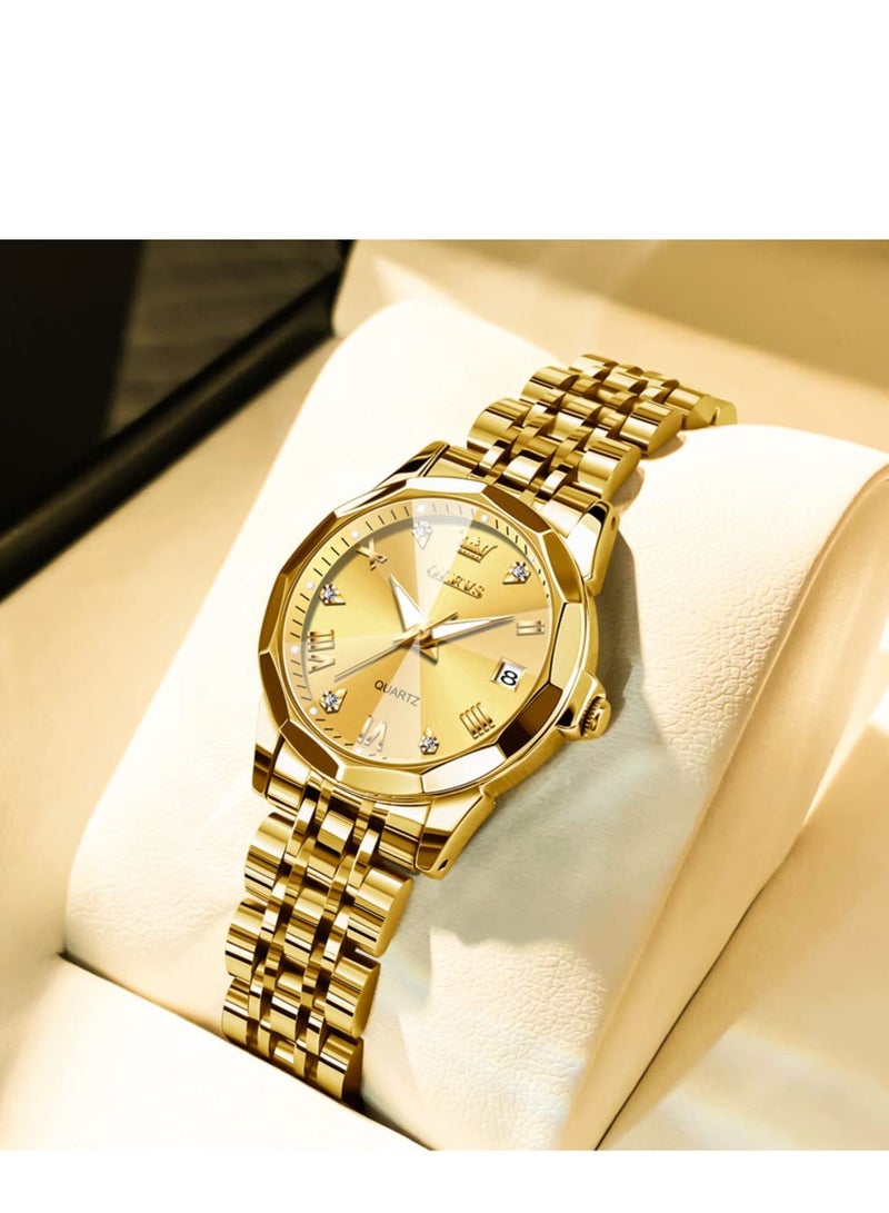 أوليفز OLEVS ساعة نسائية موضة فستان الماس ساعة نسائية انالوج كوارتز ستانلس ستيل مقاوم للماء تاريخ مضيء ساعة بلونين - Image 2