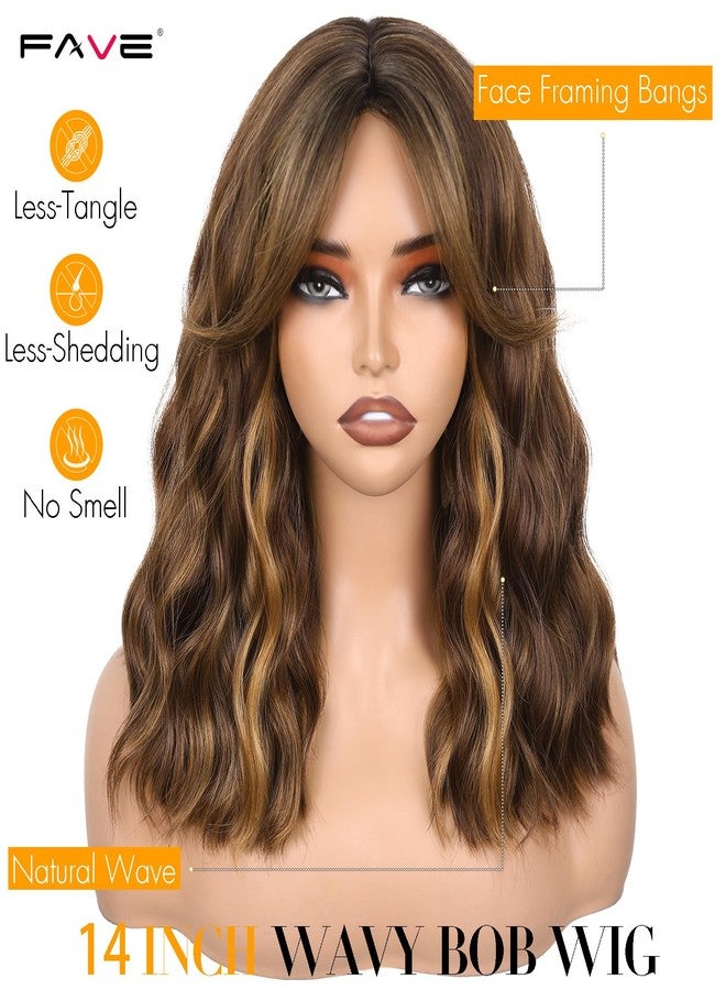 FAVE 14 Inches Wavy Bob Wig for Women Synthetic Brown Wig with Peekaboo Highlights Natural Looking Bob Wig with Bangs Suitable for Any Occasion - Image 2