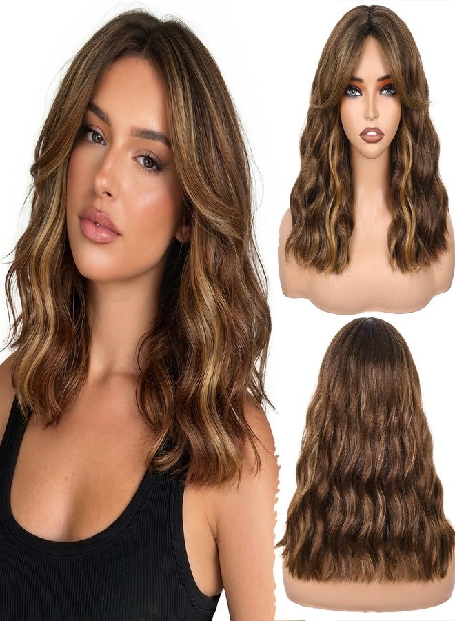 FAVE 14 Inches Wavy Bob Wig for Women Synthetic Brown Wig with Peekaboo Highlights Natural Looking Bob Wig with Bangs Suitable for Any Occasion - Image 1