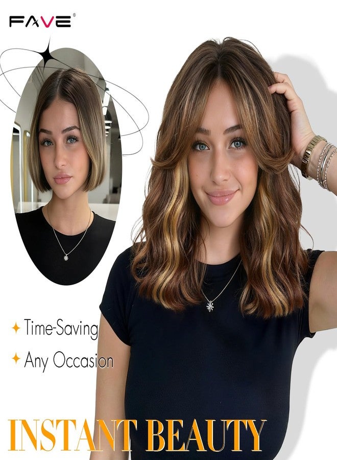 FAVE 14 Inches Wavy Bob Wig for Women Synthetic Brown Wig with Peekaboo Highlights Natural Looking Bob Wig with Bangs Suitable for Any Occasion - Image 4