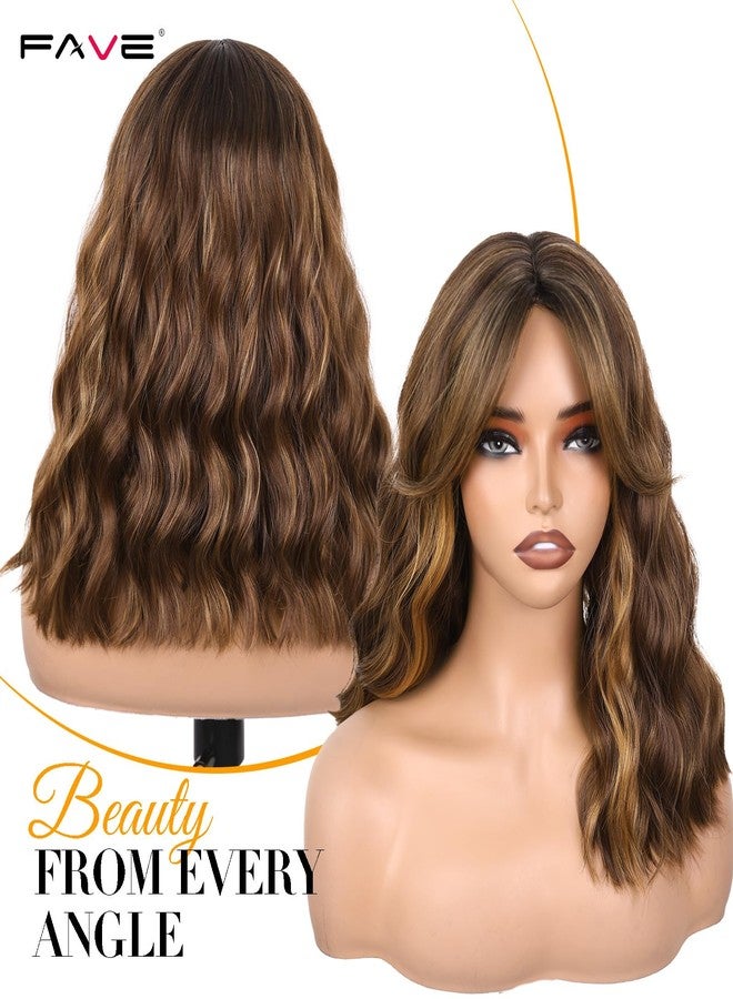 FAVE 14 Inches Wavy Bob Wig for Women Synthetic Brown Wig with Peekaboo Highlights Natural Looking Bob Wig with Bangs Suitable for Any Occasion - Image 5