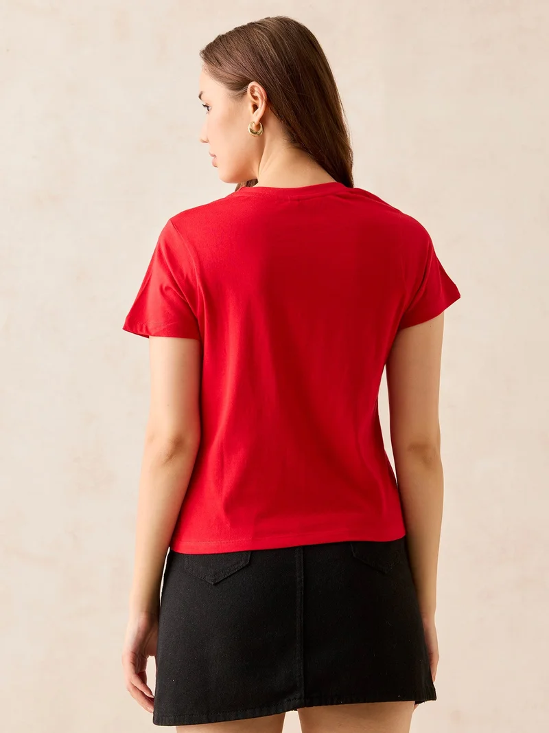 Outzidr  Red Crew Neck Graphic T-Shirt for Women | Best Price UAE