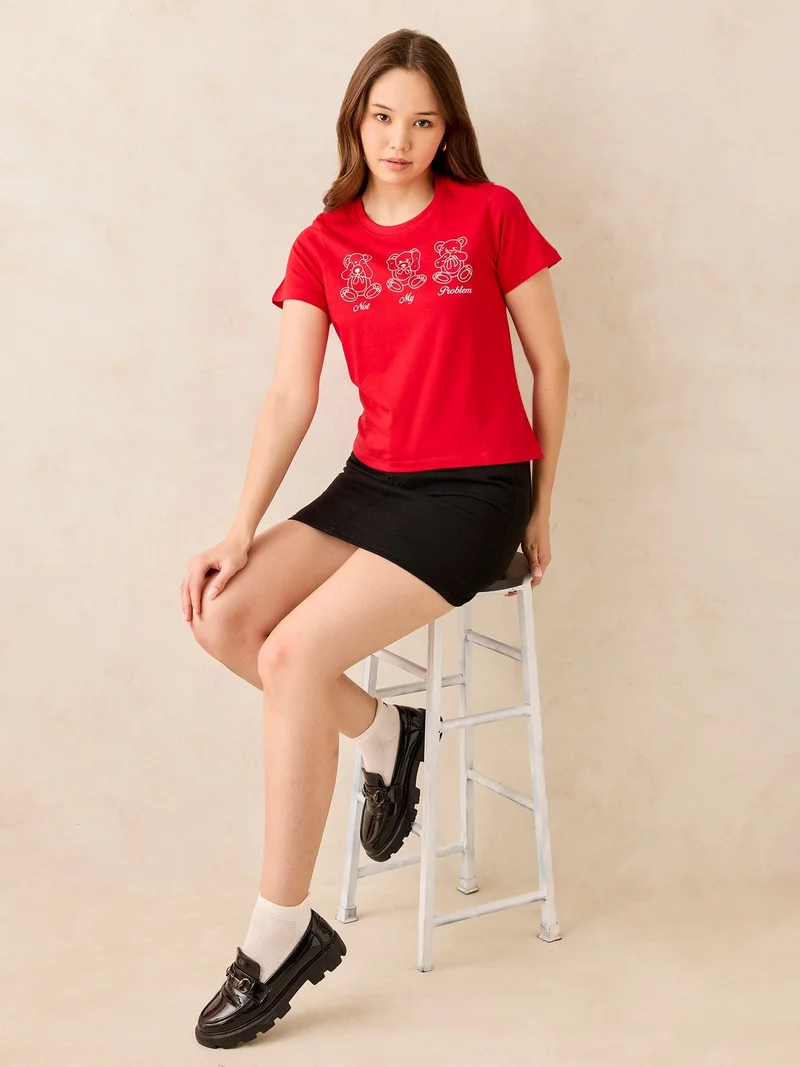 Outzidr  Red Crew Neck Graphic T-Shirt for Women | Best Price UAE