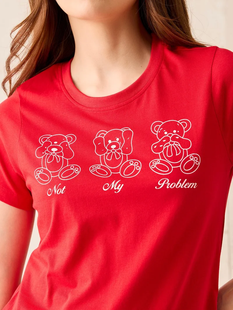 Outzidr  Red Crew Neck Graphic T-Shirt for Women | Best Price UAE