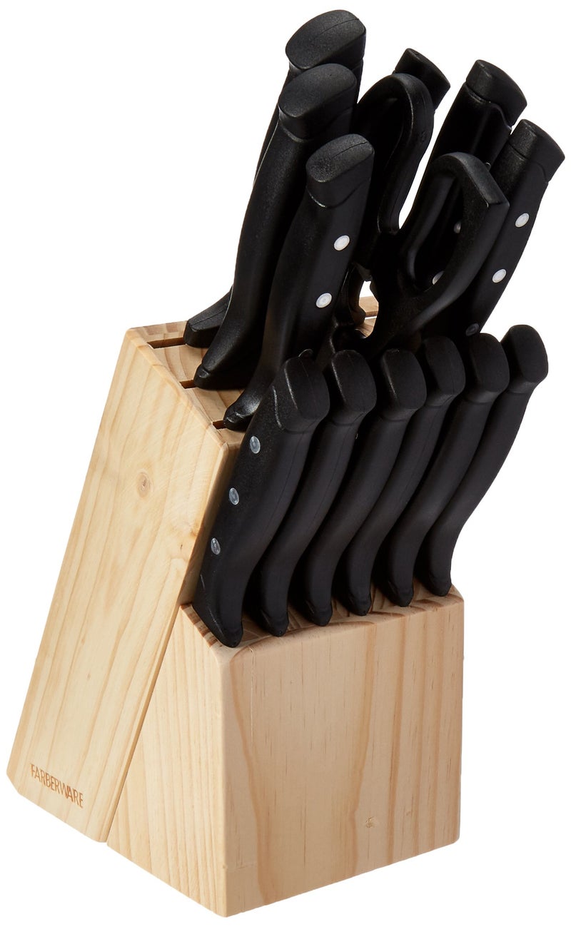 Farberware 22Piece Triple Rivet RustResistant Wave Edge HighCarbon Stainless Steel Knife Block Set BeechwoodBlack