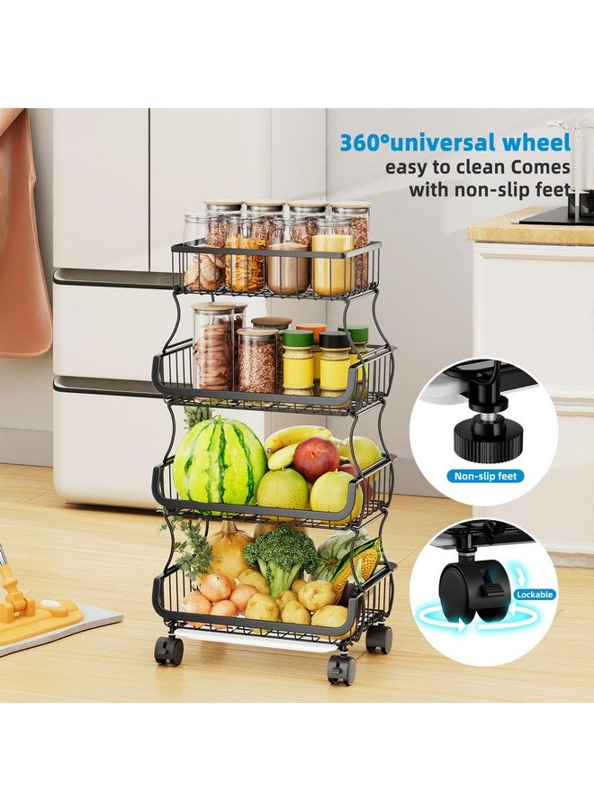 سيمبل تريدنج عربة دوارة بسيطة وعصرية مكونة من 4 طبقات، سلة فواكه وخضراوات قابلة للتكديس مع عجلات وسلتين معلقتين، حامل سلة سلكية معدنية لتخزين الوجبات الخفيفة النباتية، لون أسود - Image 3