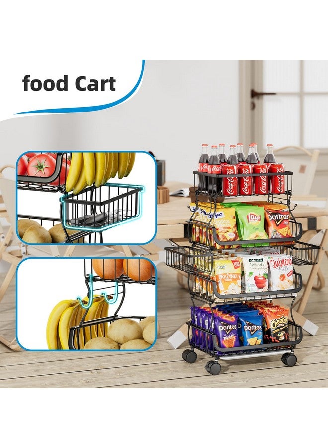 سيمبل تريدنج عربة دوارة بسيطة وعصرية مكونة من 4 طبقات، سلة فواكه وخضراوات قابلة للتكديس مع عجلات وسلتين معلقتين، حامل سلة سلكية معدنية لتخزين الوجبات الخفيفة النباتية، لون أسود - Image 4