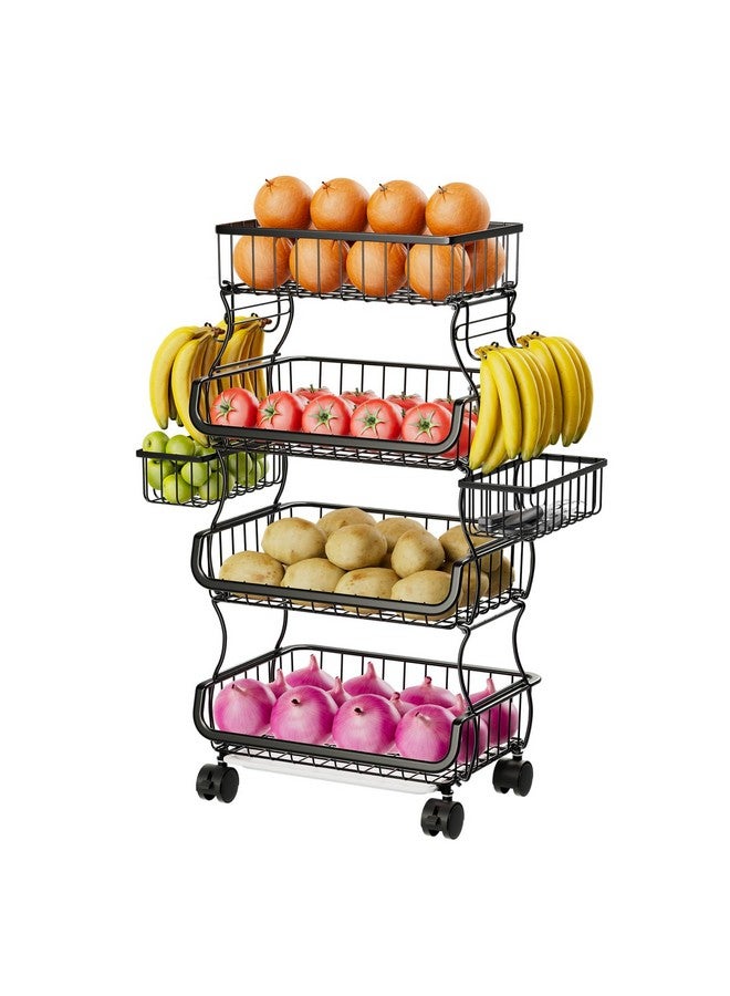 سيمبل تريدنج عربة دوارة بسيطة وعصرية مكونة من 4 طبقات، سلة فواكه وخضراوات قابلة للتكديس مع عجلات وسلتين معلقتين، حامل سلة سلكية معدنية لتخزين الوجبات الخفيفة النباتية، لون أسود - Image 1