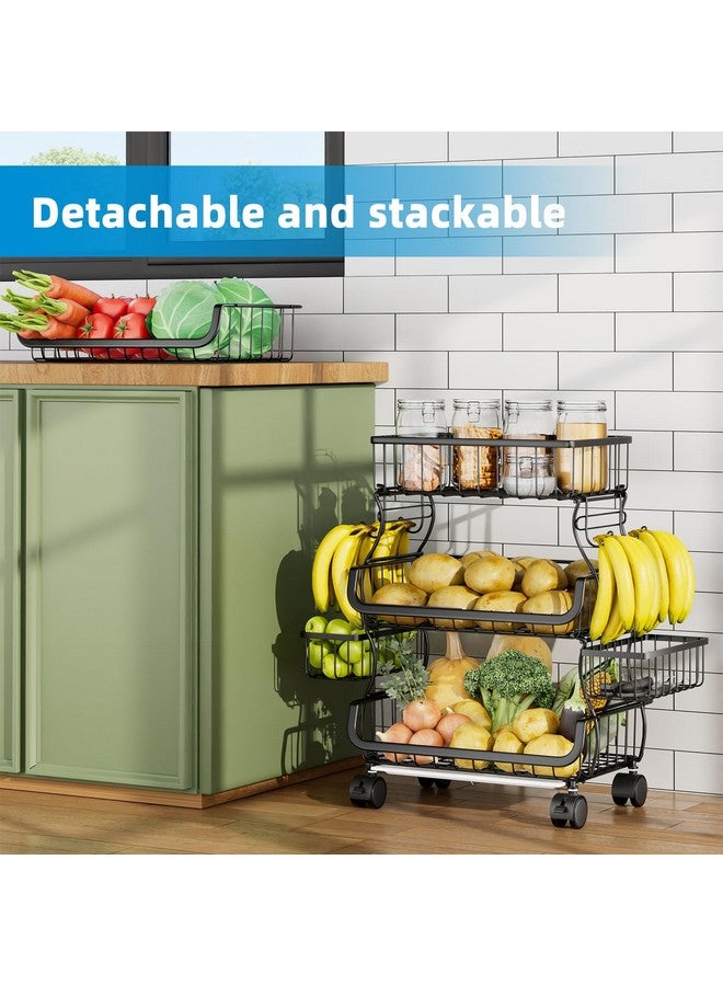 سيمبل تريدنج عربة دوارة بسيطة وعصرية مكونة من 4 طبقات، سلة فواكه وخضراوات قابلة للتكديس مع عجلات وسلتين معلقتين، حامل سلة سلكية معدنية لتخزين الوجبات الخفيفة النباتية، لون أسود - Image 5