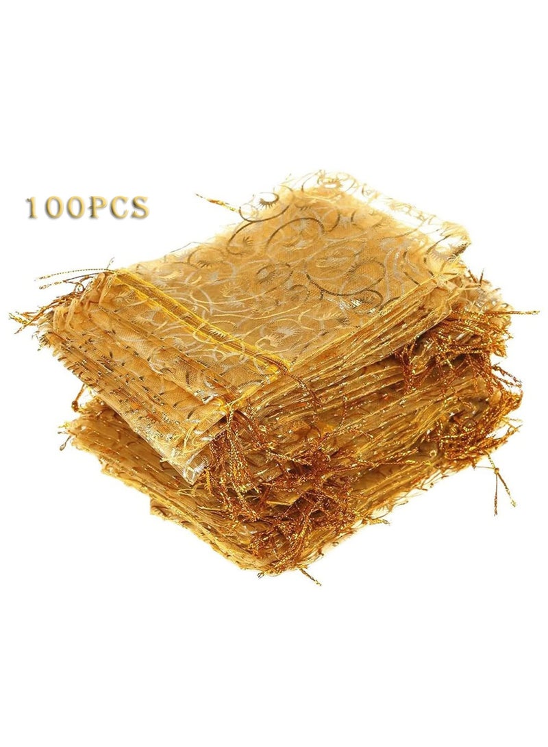 SYOSI 100PCS Mini Sheer Organza Bags Gold Champagne Eyelash Organza Bags, Drawstring Chic Gift Beauty Bags, Wedding Favor Bags Candy Jewelry Gift Bags Gold, 4 x 4.72 Inches - Image 2