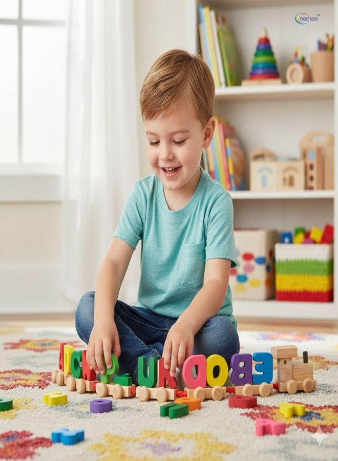 Neotea Wooden Alphabet Letters Train A-Z English Vocabulary Building Train Set Early Educational Toys Kids 2+ Years for Boys & Girls Pack of 1 | Non-Toxic | Develop Fine Motor Skills | Multicolor - Image 2