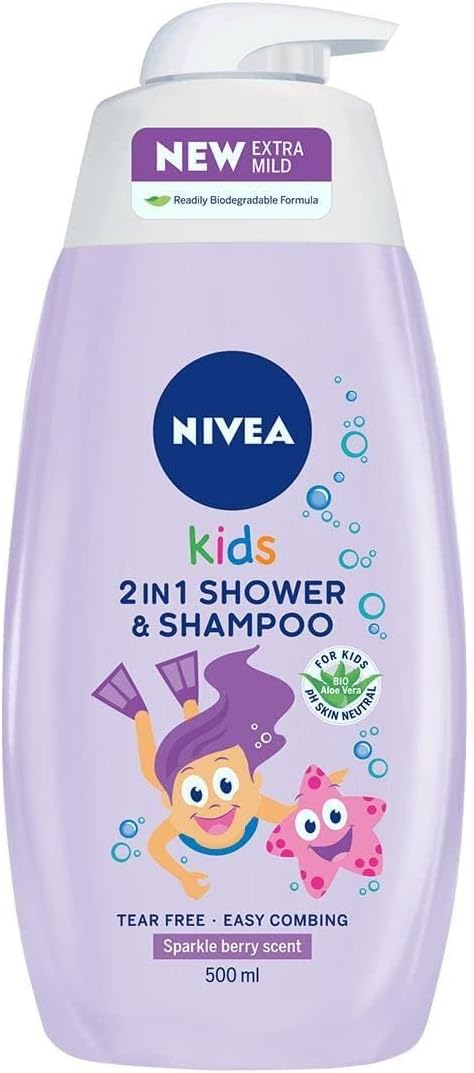 Nivea Kids Hair Body Shampoo 500 ml Sparkle Berry 3 in 1 for Children NoTear Formula Easy Brushing Organic Aloe Vera Skin Neutral PH Chamomile Soapfree Formula Pack of 2