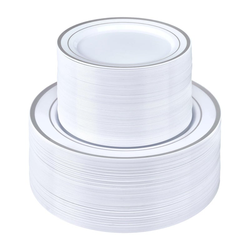 BESTSTAR 200PCS Silver Plastic Plates Set, 100 10.25 inch Dinner Plates and 100 7.5 inch Dessert Plates, Premium Disposable Plates for Party, Wedding - Image 1