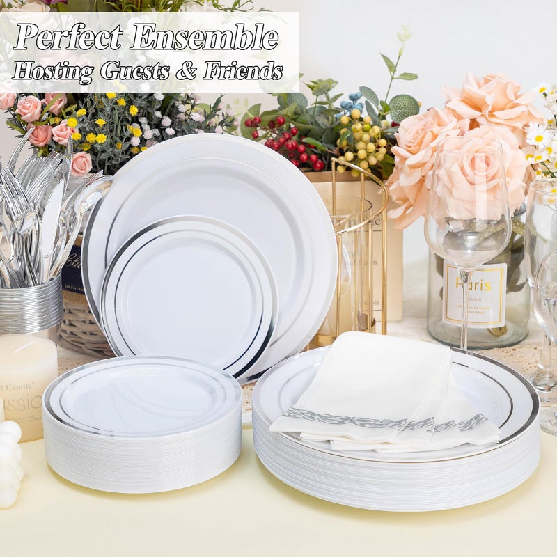 BESTSTAR 200PCS Silver Plastic Plates Set, 100 10.25 inch Dinner Plates and 100 7.5 inch Dessert Plates, Premium Disposable Plates for Party, Wedding - Image 3