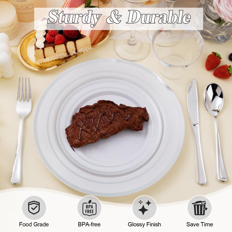 BESTSTAR 200PCS Silver Plastic Plates Set, 100 10.25 inch Dinner Plates and 100 7.5 inch Dessert Plates, Premium Disposable Plates for Party, Wedding - Image 4