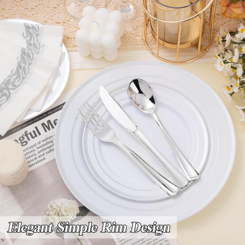 BESTSTAR 200PCS Silver Plastic Plates Set, 100 10.25 inch Dinner Plates and 100 7.5 inch Dessert Plates, Premium Disposable Plates for Party, Wedding - Image 5