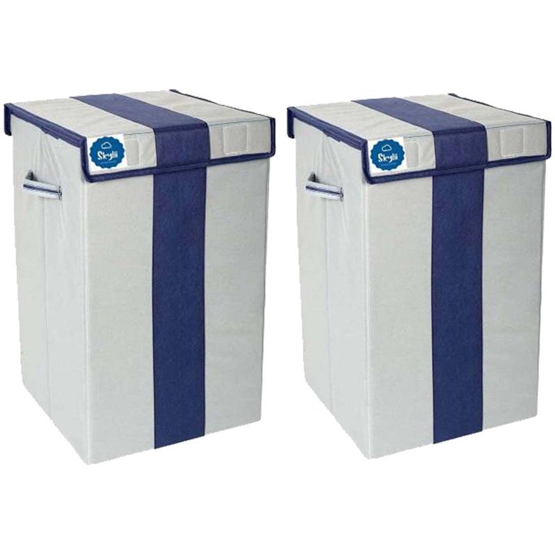 SKYLII 68 L Laundry Basket for Clothes With Lid and Handles Durable and Collapsible Laundry Clothes Toys storage Bag Foldable Laundry Bin for Dirty Clothes Pack of 2 GREY Blue Strip - Image 1