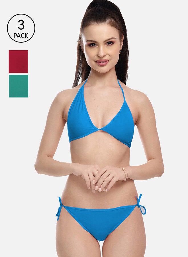 FIMS Women Pack of 3 Solid Bikini Set - Blue, Green, and Maroon - Image 1