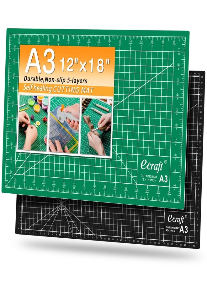 Ecraft Self-Healing Cutting Mat 12x18 Inch, Double-Sided 5-Ply Gridded Rotary Cutting Board, Non-Slip Surface for Sewing, Quilting & Crafts, Green/Black - Image 1