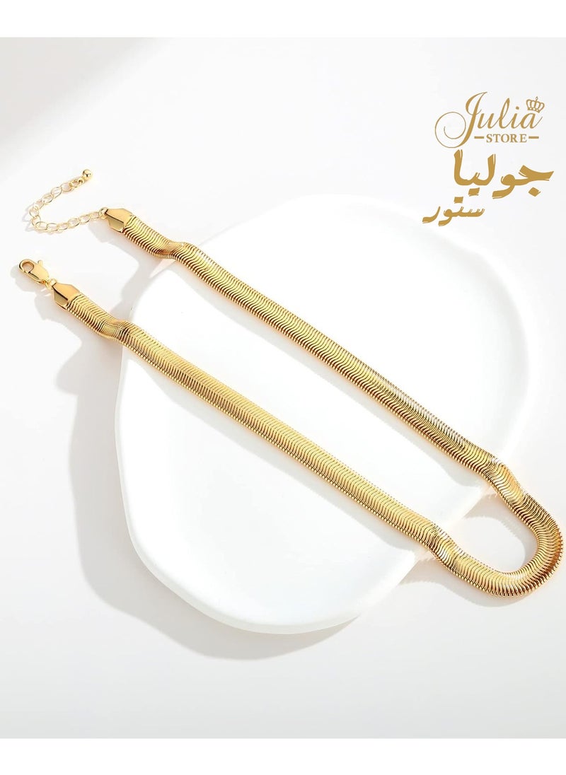 Julia Store Julia Store 18K Gold Plated Stainless Steel Flat Fat Snake Chain Herringbone Necklace Trendy Chunky Snake Chain Necklaces for Women  - Image 1