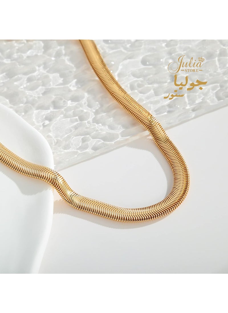 Julia Store Julia Store 18K Gold Plated Stainless Steel Flat Fat Snake Chain Herringbone Necklace Trendy Chunky Snake Chain Necklaces for Women  - Image 4