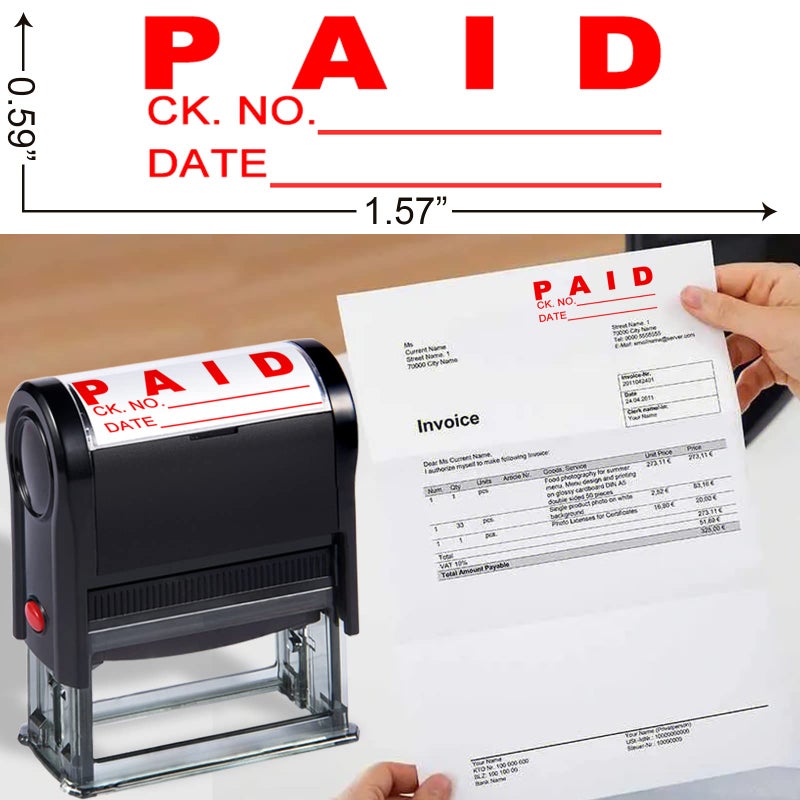 Bertiveny Paid Stamp with Date Office Stamps Self Inking Personalized for Business Supplies Custom Rubber Business Stamps for Office Supplies Paids Stamp with Check No. Red(Paid with Check NO. & Date) - Image 1