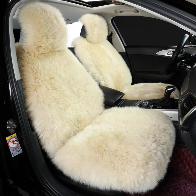 OGLAND 2 Pack Fluffy Sheepskin Car Seat Cover-Fuzzy Fur Auto Cushion for Universal Automotive Protector (Linen Color, 2 Pcs Front Seat Cover) - Image 1
