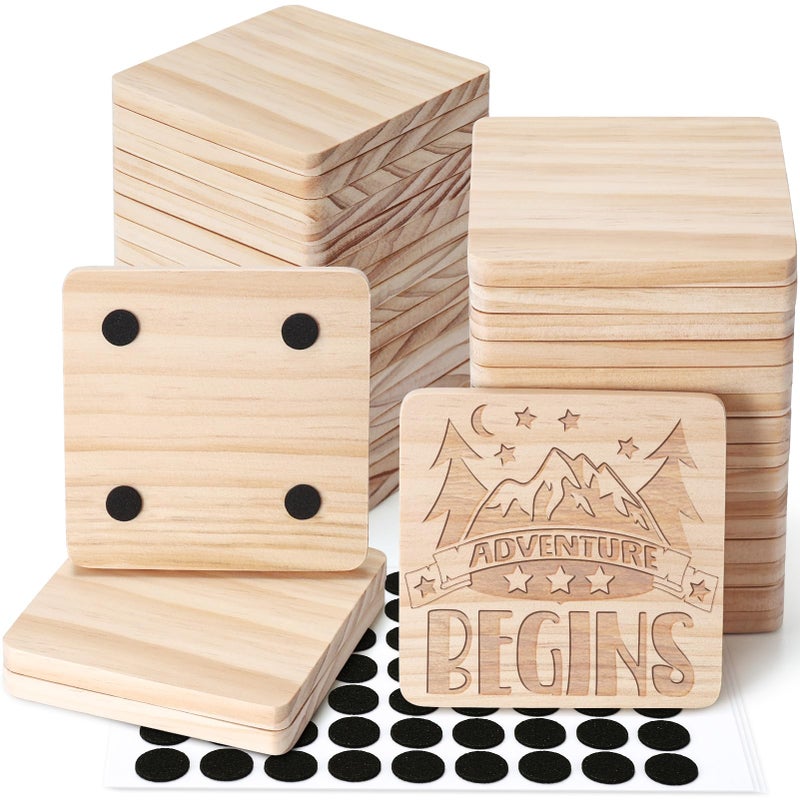 GOH DODD 36 Pieces Unfinished Wood Coasters, GOH DODD 4 Inch Wooden Blanks with Non-Slip Pads for Laser Engraving Wood Burning Staining Painting Decoupage Housewarming Gifts Wedding Crafts Education, Square - Image 1